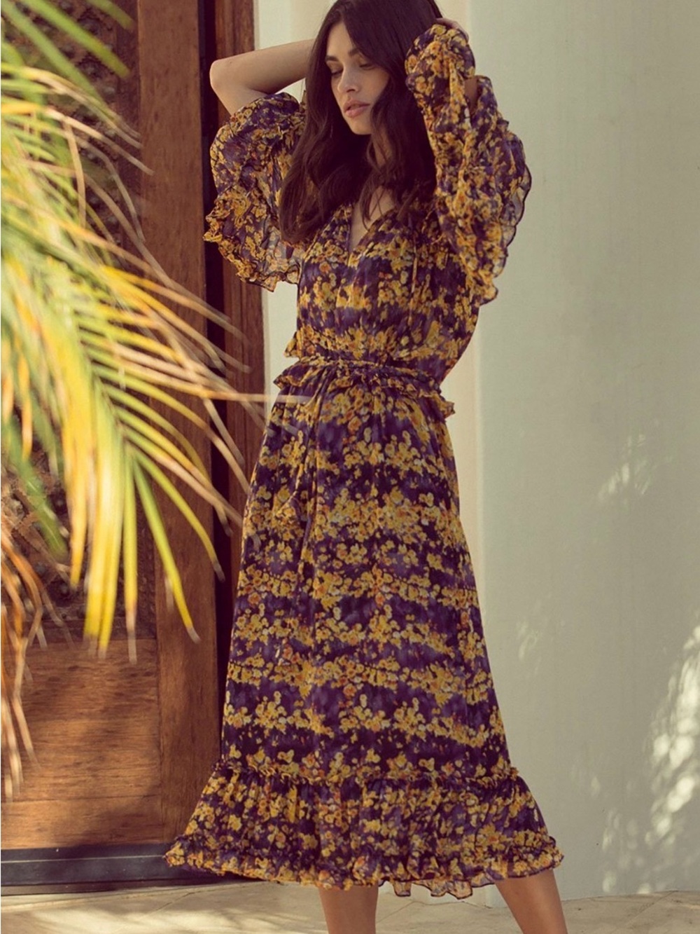 MISA LOS ANGELES • Yanira Midi purple &  Yellow Floral Ruffle Dress Size XS